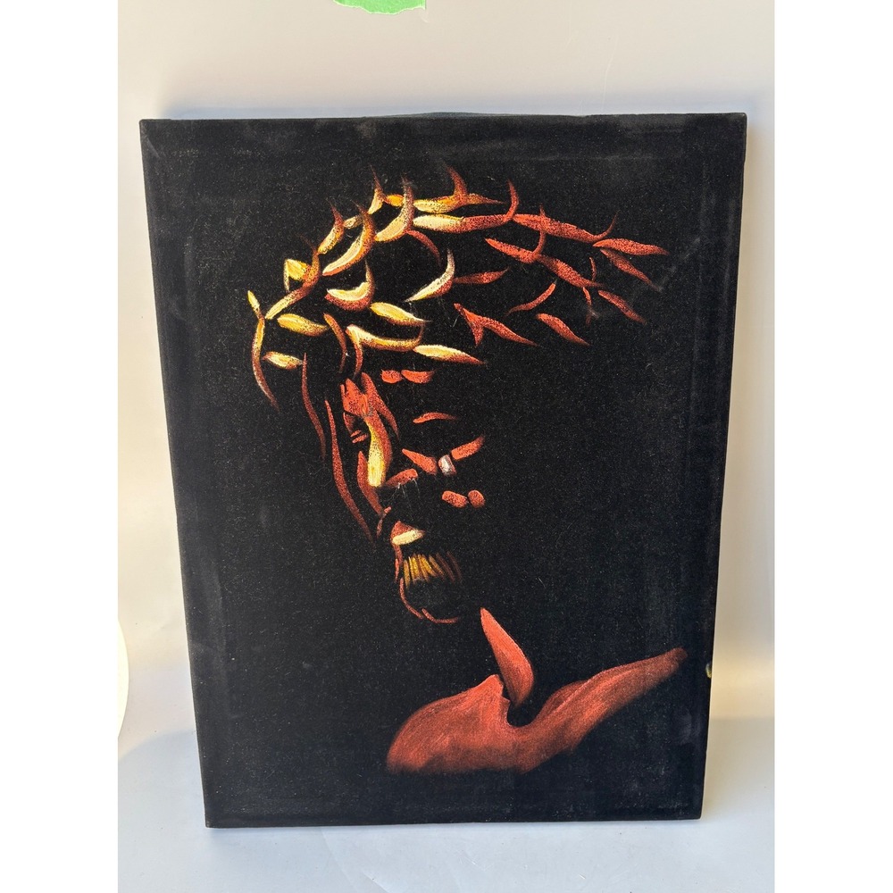 Vintage Jesus Christ Crown of Thorns Black Velvet Painting‎ Religious Art 12x16